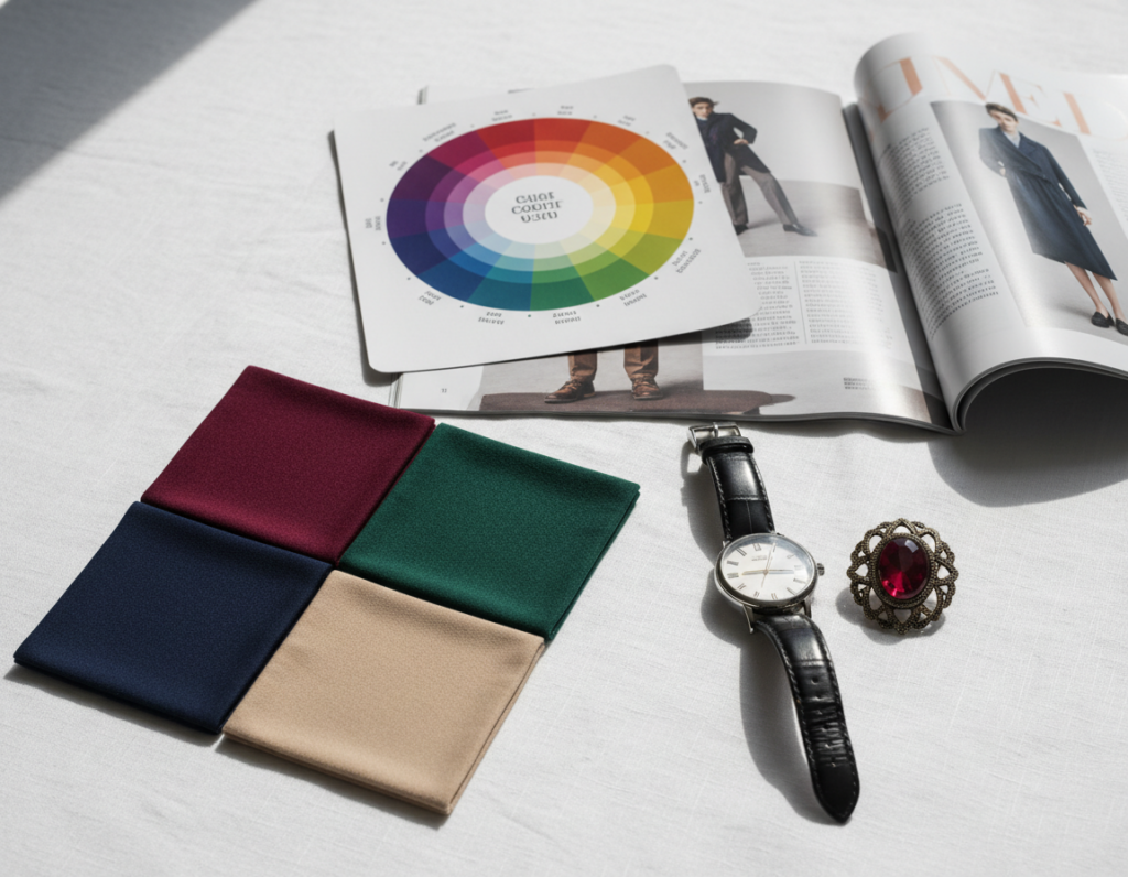 A beautifully arranged flat lay showcasing classic color schemes ideal for styling, featuring swatches of timeless colors like navy blue, deep burgundy, soft beige, and rich emerald green. In the foreground, neatly placed fabric swatches are accompanied by elegant accessories such as a designer watch and a vintage brooch, all set on a soft, textured white background. The middle ground highlights a color wheel and stylishly arranged fashion magazines. In the background, a soft focus of natural light streams in through a nearby window, creating a warm and inviting atmosphere. The overall mood is sophisticated and chic, perfect for inspiring creativity in color coordination. The angle is slightly overhead, capturing all elements harmoniously without any text or logos.
