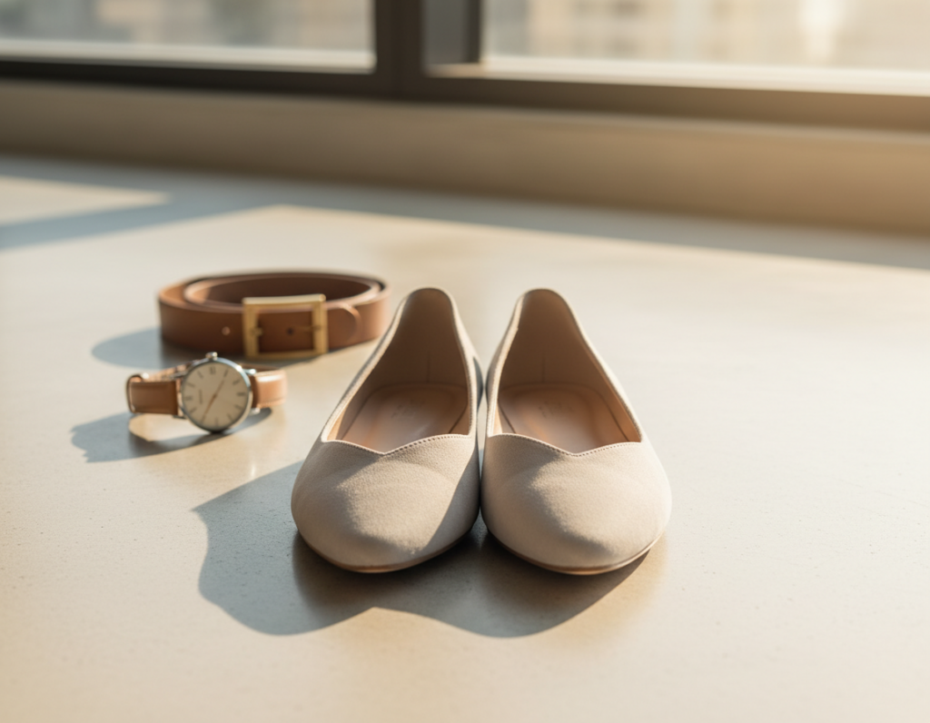 A pair of elegant minimalist shoes displayed prominently in the foreground, crafted from high-quality leather with a sleek, streamlined design. The shoes should be in a neutral color—perhaps beige or soft gray—complemented by subtle detailing. In the middle ground, showcase stylish accessories like a simple leather belt and a classic wristwatch, all arranged on a smooth, light-colored surface to enhance the minimalist aesthetic. The background should be softly blurred, featuring a warm, natural light source that creates a cozy atmosphere, suggested by gentle shadows. Capture the scene from a low angle to emphasize the shoes and accessories, evoking a sense of sophistication and modern style, perfect for a fashion-forward yet understated outfit.