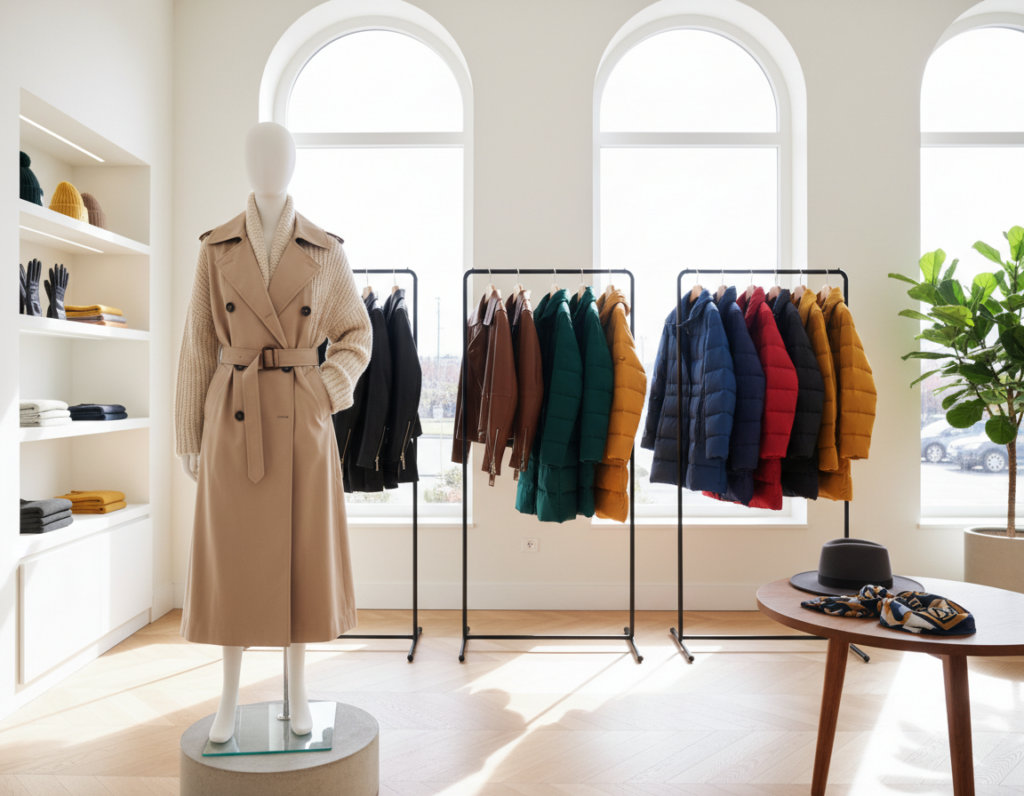 A stylish collection of outerwear clothing displayed on a minimalist chic mannequin in a bright, airy boutique setting. In the foreground, a tailored trench coat in soft beige drapes elegantly over the mannequin, paired with a cozy oversized knitted cardigan in cream, showcasing sophisticated layering. The middle ground features hanging racks filled with various outerwear pieces, including sleek leather jackets and vibrant puffer coats in an array of colors from deep emerald green to rich burgundy. Soft, diffused natural sunlight streams in from large windows, creating a warm and inviting atmosphere. The background consists of clean, modern shelving displaying seasonal accessories like scarfs and hats, completing the elevated look. The overall mood is stylish and contemporary, emphasizing versatile outerwear as a key element of chic everyday outfits.