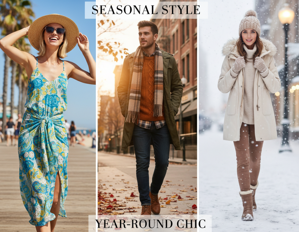 A stylish composite image showcasing seasonal layering techniques in fashion. In the foreground, a diverse group of three individuals, each styled distinctly for different seasons: one in breathable summer attire with light fabrics and vibrant colors, another donned in transitional fall layers with rich tones and textured sweaters, and the last in insulated winter wear with cozy, stylish coats and accessories. The middle ground captures an urban setting with soft, natural lighting that changes subtly to reflect the different seasons. In the background, a blurred cityscape transitions from bright summer greens to autumn oranges and snowy white winter scenes, evoking a sense of seasonal change. The atmosphere should feel vibrant and inviting, highlighting the beauty of versatile fashion choices through the year. A stylish composite image showcasing seasonal layering techniques in fashion. In the foreground, a diverse group of three individuals, each styled distinctly for different seasons: one in breathable summer attire with light fabrics and vibrant colors, another donned in transitional fall layers with rich tones and textured sweaters, and the last in insulated winter wear with cozy, stylish coats and accessories. The middle ground captures an urban setting with soft, natural lighting that changes subtly to reflect the different seasons. In the background, a blurred cityscape transitions from bright summer greens to autumn oranges and snowy white winter scenes, evoking a sense of seasonal change. The atmosphere should feel vibrant and inviting, highlighting the beauty of versatile fashion choices through the year.