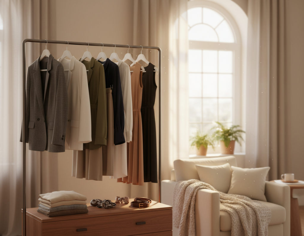 A stylish, organized capsule wardrobe displayed in an elegant room. In the foreground, a neatly arranged clothing rack holds a selection of versatile pieces: classic blazers, tailored trousers, chic tops, and timeless dresses in neutral shades. Beside it, a well-organized dresser features neatly folded sweaters and accessories like scarves and belts. In the middle ground, a cozy chair draped with a soft throw invites contemplation. The background showcases a large window with soft, natural light pouring in, illuminating the space and creating a warm atmosphere. The scene should evoke a sense of calm and order, ideal for maintaining a long-term capsule wardrobe. Use a soft focus lens to enhance the inviting mood, emphasizing simplicity and elegance without any distractions.