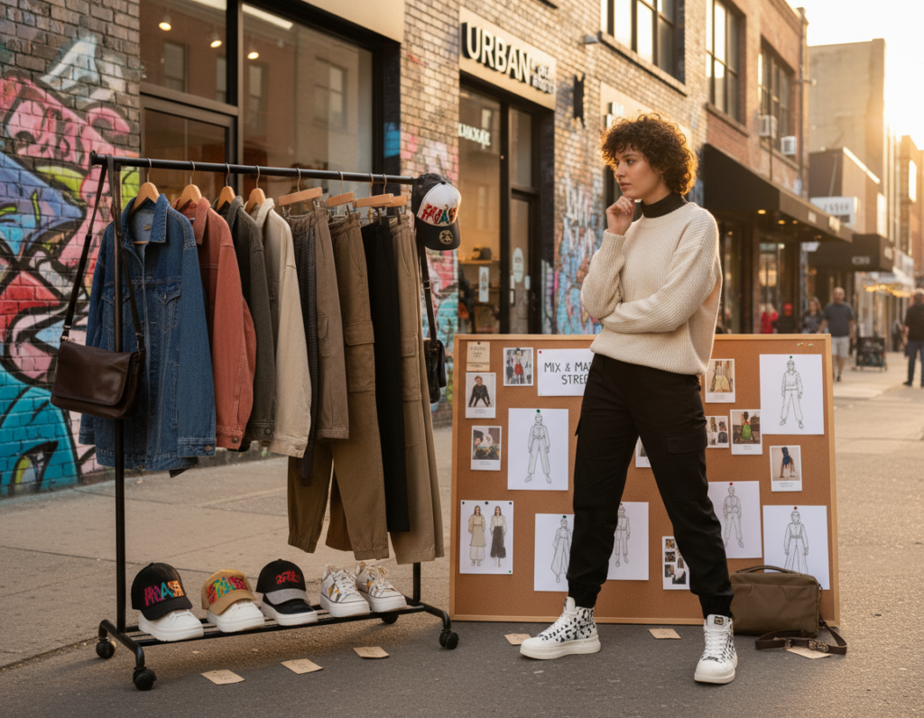 An organized and stylish street-style wardrobe strategy display in a chic urban setting. Foreground: a sleek rack of clothing, featuring vibrant streetwear pieces like oversized jackets, tailored trousers, trendy sneakers, and accessories like hats and bags. Middle: a model dressed in smart casual attire, showcasing how to mix and match pieces effortlessly, demonstrating the concept of versatility in street style; they should be posing thoughtfully, surrounded by fashion sketches and styled outfit ideas. Background: a vibrant city street with graffiti art and stylish shops, illuminated by warm, soft, natural light during golden hour, casting gentle shadows. The mood is creative and inspiring, encouraging viewers to explore their personal style through diverse wardrobe choices.