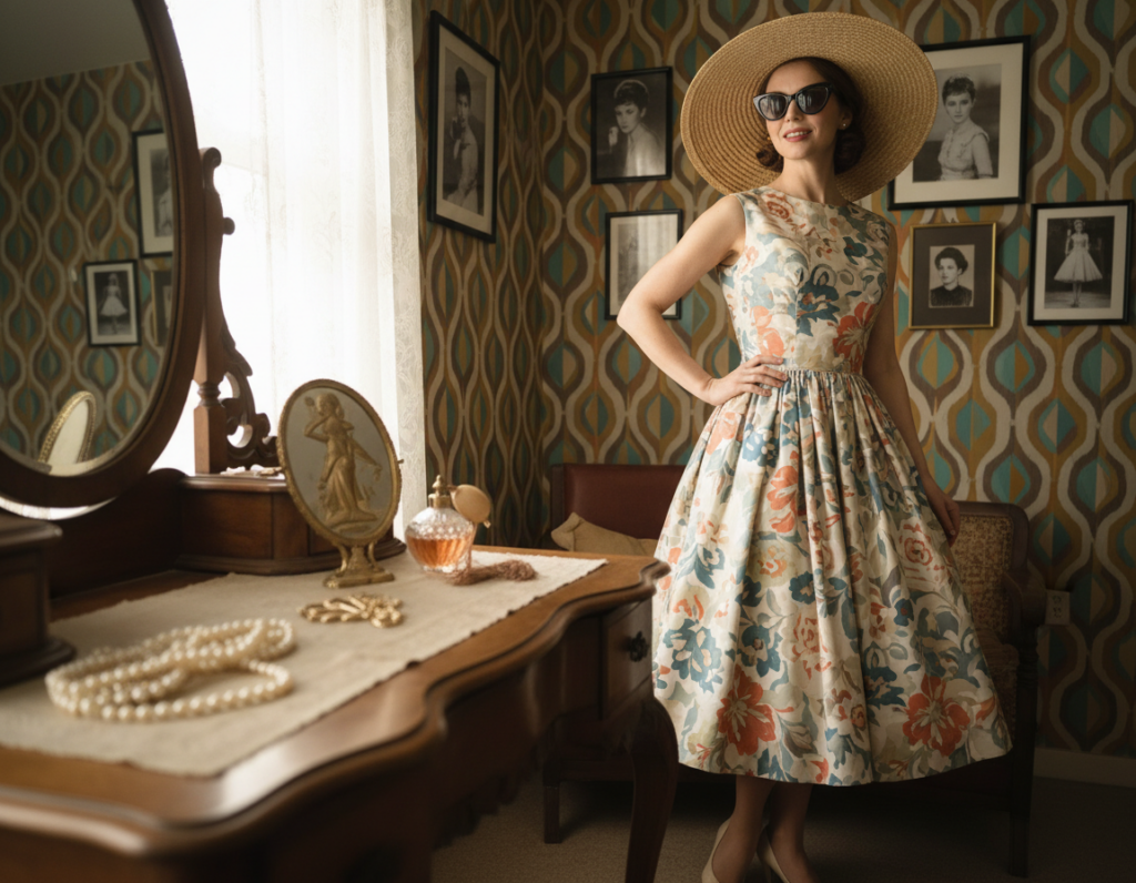 a vintage fashion scene featuring a stylish 1960s woman wearing an elegant A-line dress made of floral print fabric, accented with a wide-brimmed hat and classic cat-eye sunglasses. In the foreground, an antique wooden vanity table displays vintage accessories like pearl necklaces and a small, ornate mirror. The middle ground captures the woman posing gracefully, with soft natural lighting illuminating her face and outfit, evoking a warm nostalgic atmosphere. The background includes a retro-inspired room adorned with patterned wallpaper and framed black-and-white photographs of iconic fashion figures. The scene exudes a sense of timeless elegance and inspiration from archival styles, emphasizing the modern resurgence of classical dressing. The image is taken with a soft focus lens at a slight angle to enhance depth.